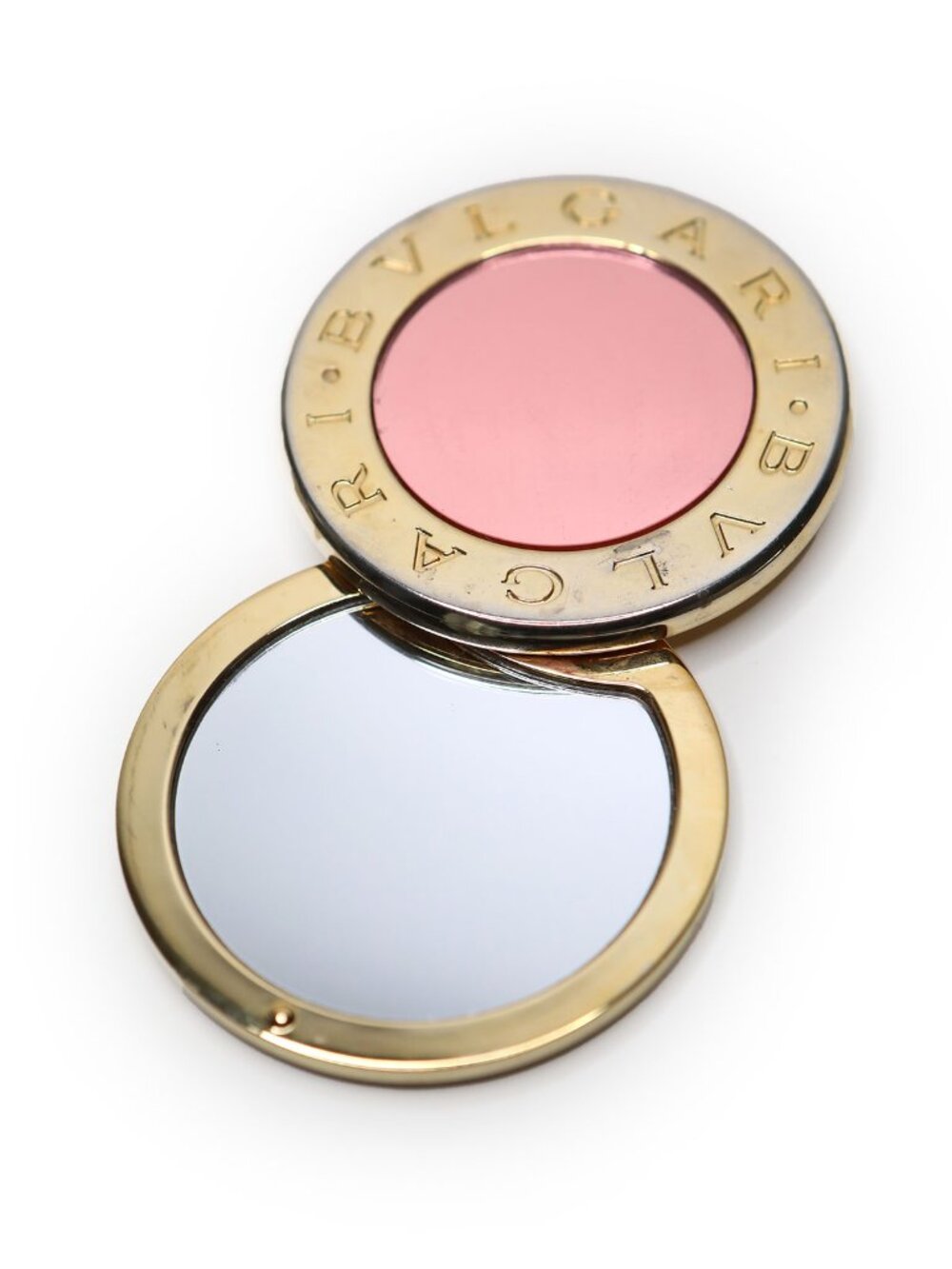 Vintage Bvlgari Compact Swivel Pocket Mirror Gold Tone Pink Double Logo Makeup